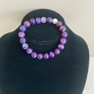 Natural Purple Banded Smooth Round Agate Stones Elastic Bracelet